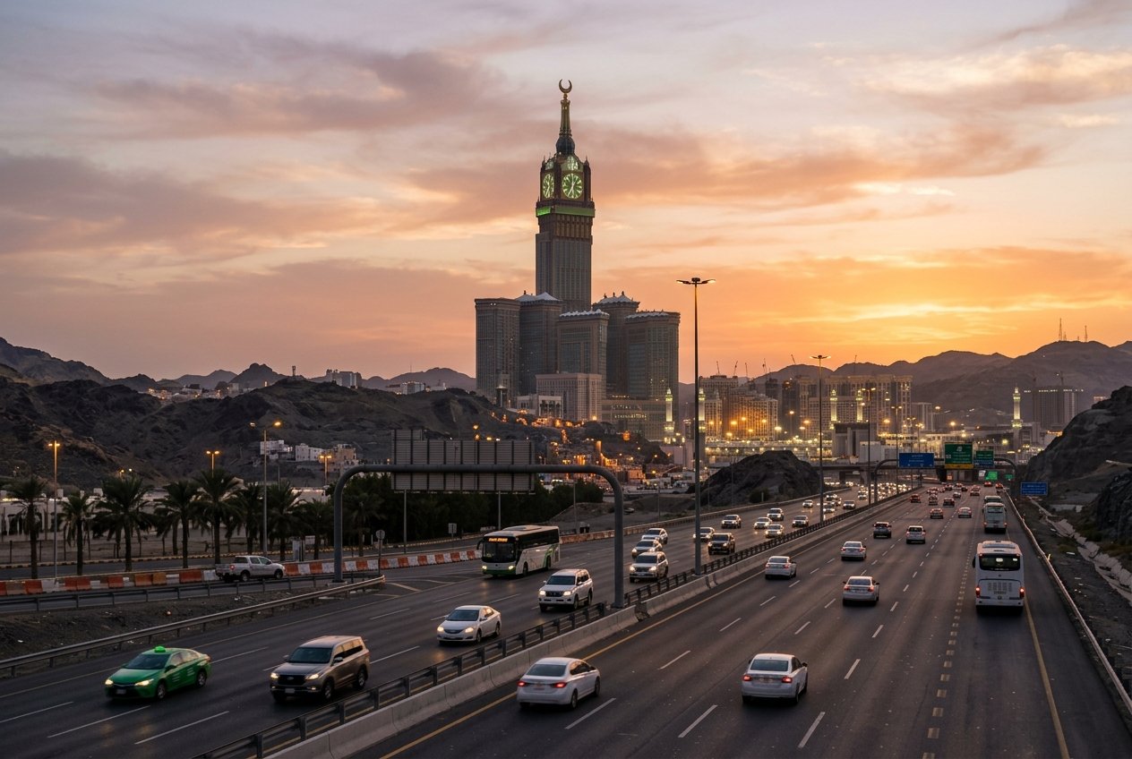 Abraj al-Bait Clock Tower Makkah visible from highway on Madinah to Makkah taxi route approach