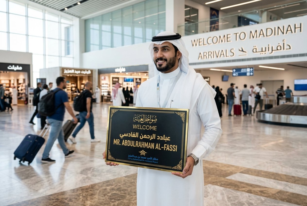 Private Umrah taxi driver holding name board at Prince Mohammad Bin Abdulaziz Airport (MED) arrivals exit, Madinah, Saudi Arabia