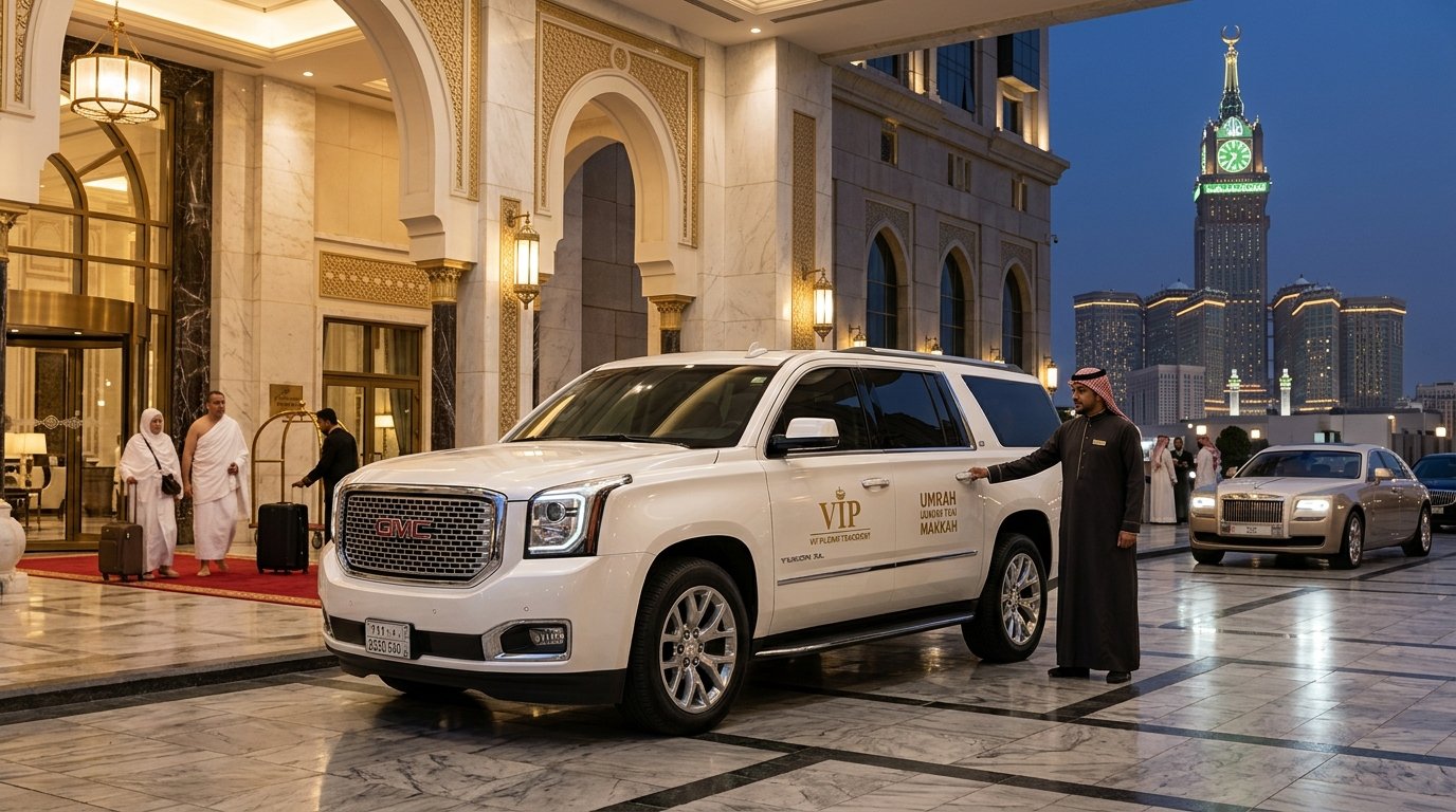 GMC Yukon XL VIP private Umrah taxi SUV parked at Makkah hotel lobby — premium 7-seater for intercity pilgrim transfers