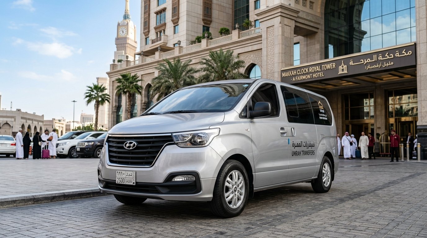 Hyundai Starex 7-passenger family Umrah taxi van outside Makkah hotel
