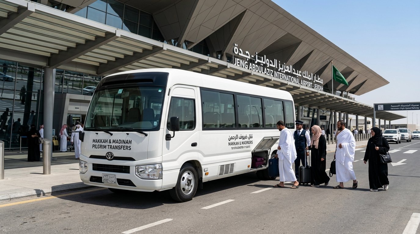 Toyota Coaster 19-seater group minibus for Umrah pilgrim transfers outside terminal