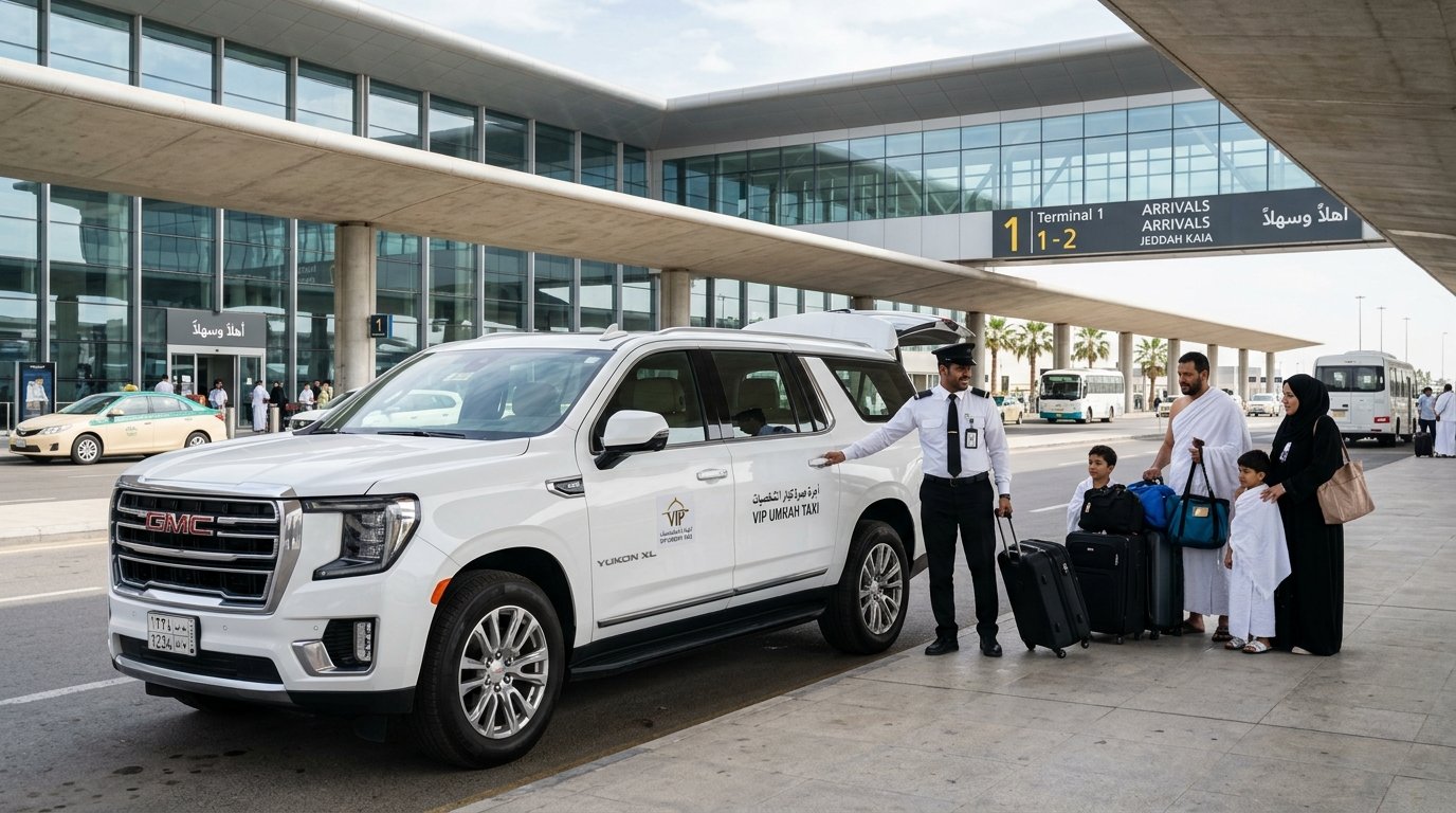 GMC Yukon XL Umrah taxi at Jeddah Airport arrivals zone for VIP pilgrim airport transfer to Makkah