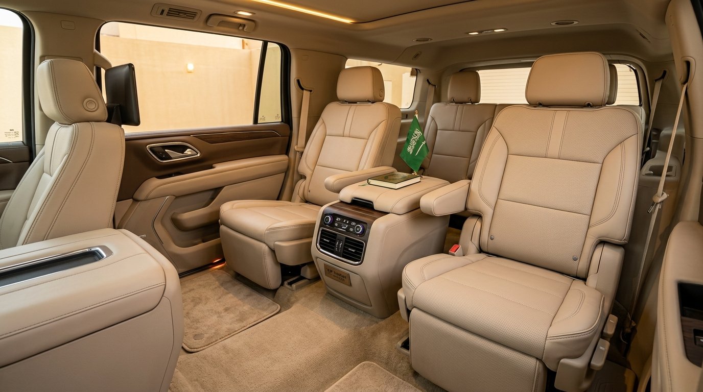 Interior GMC Yukon XL private Umrah cab showing leather three-row seating for Makkah Madinah long-distance transfer