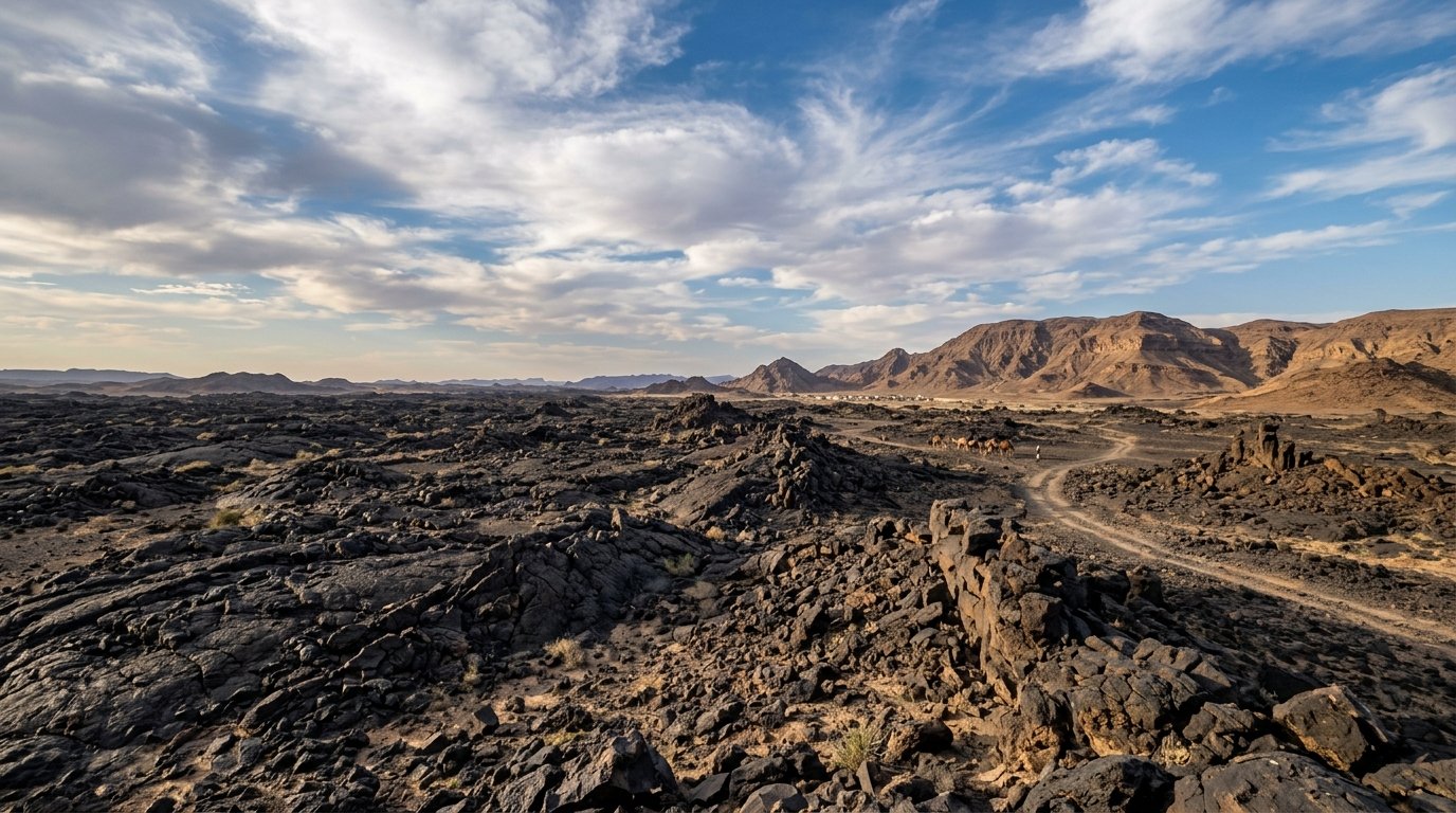 Harrat Rahat volcanic basalt landscape on drive from Madinah to Wadi-e-Jinn — black lava field terrain northwest of Madinah Al-Munawwarah