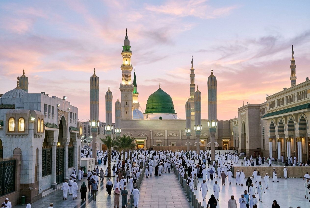 Green dome Masjid al-Nabawi Madinah visible on approach road from MED airport