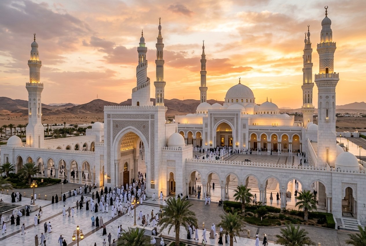Case Study 4: Elderly Pakistani couple at Masjid Dhul Hulayfah (Bir Ali) Miqat point during Madinah to Makkah Umrah transfer, with private driver waiting at mosque entrance