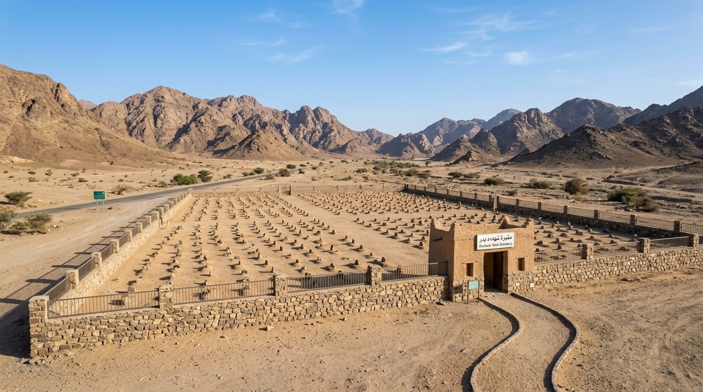 Graves of the Martyrs of Badr (Shuhada al-Badr) — Companions of the Prophet ﷺ who fell at the Battle of Badr, 17 Ramadan 2 AH, visited by Umrah pilgrims on Madinah to Badr Ziyarat taxi tour