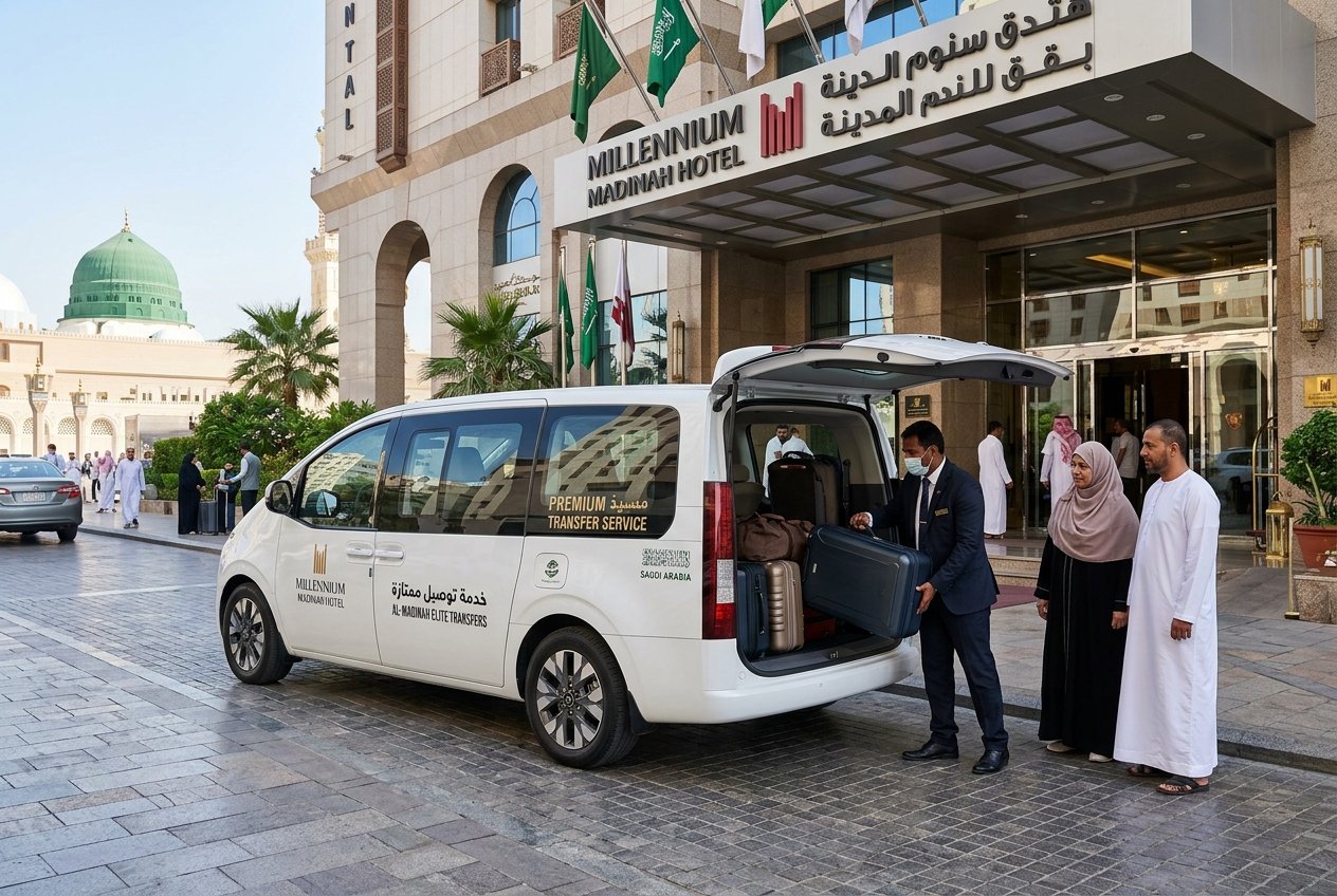 Hyundai Staria family taxi departing Madinah Airport for Nabawi district hotel transfer with pilgrim luggage loaded