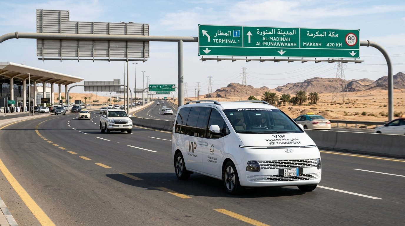 Private Umrah taxi Hyundai Staria departing Jeddah Airport (KAIA) Terminal 1 for Madinah Al-Munawwarah direct transfer — 420km Haramain Expressway route