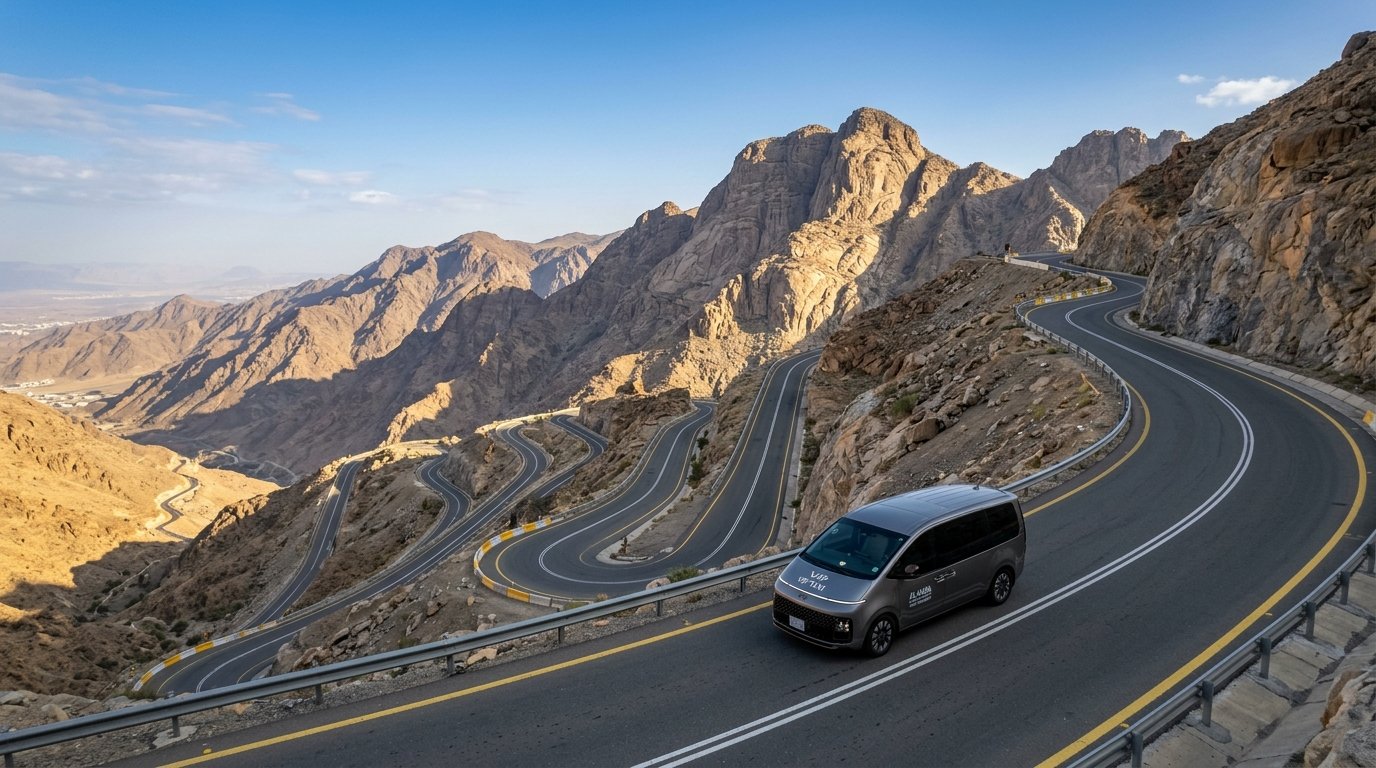 Private Umrah taxi on Al-Hada mountain highway ascending from Makkah to Taif — Hejaz mountain landscape, 1800m elevation