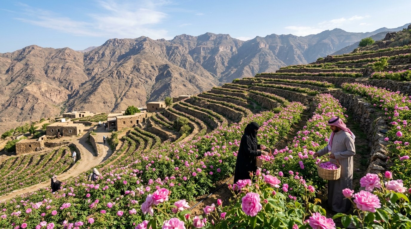Taif rose fields in bloom — Taif rose (Ward Taif) harvest season February to April, visited by Umrah pilgrims on private Makkah Taif taxi tour