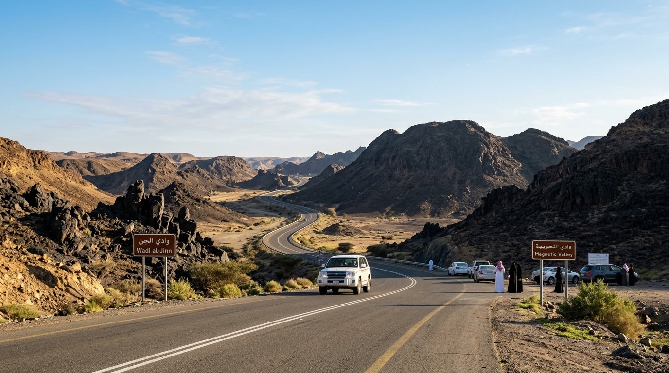 Wadi-e-Jinn (Wadi al-Jinn) magnetic valley near Madinah Saudi Arabia — vehicle rolling uphill without engine power on basalt volcanic plain