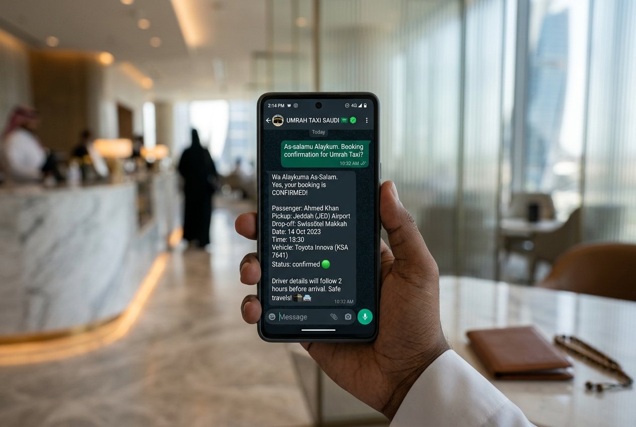 WhatsApp booking interface for Umrah taxi service Saudi Arabia — simple two-minute booking process